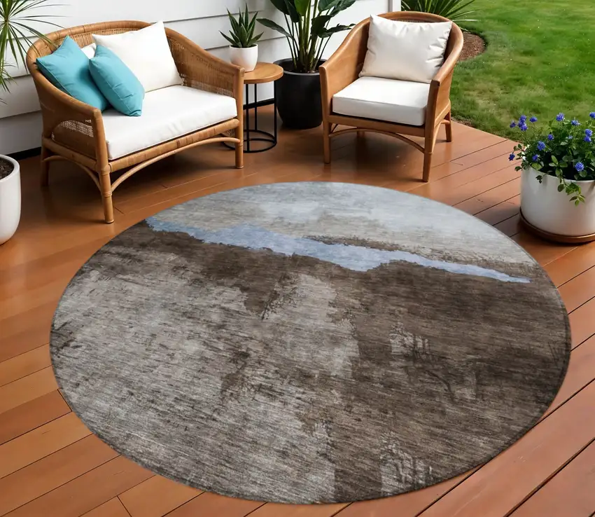 8' Chocolate Gray And Blue Round Abstract Washable Indoor Outdoor Area Rug Photo 1