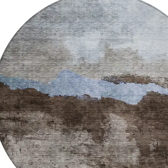 8' Chocolate Gray And Blue Round Abstract Washable Indoor Outdoor Area Rug Photo 5
