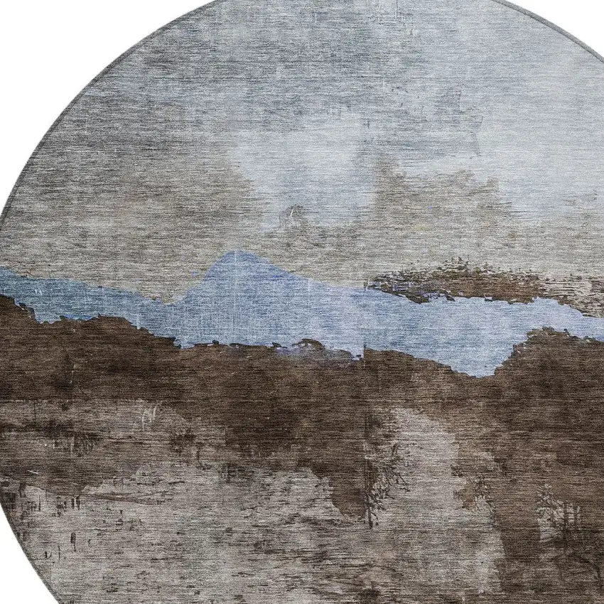 8' Chocolate Gray And Blue Round Abstract Washable Indoor Outdoor Area Rug Photo 5