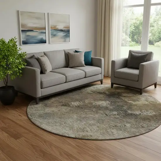 8' Chocolate Gray And Charcoal Abstract Washable Round Rug With UV Protection Photo 1