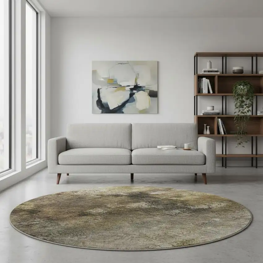 8' Chocolate Gray And Charcoal Abstract Washable Round Rug With UV Protection Photo 2