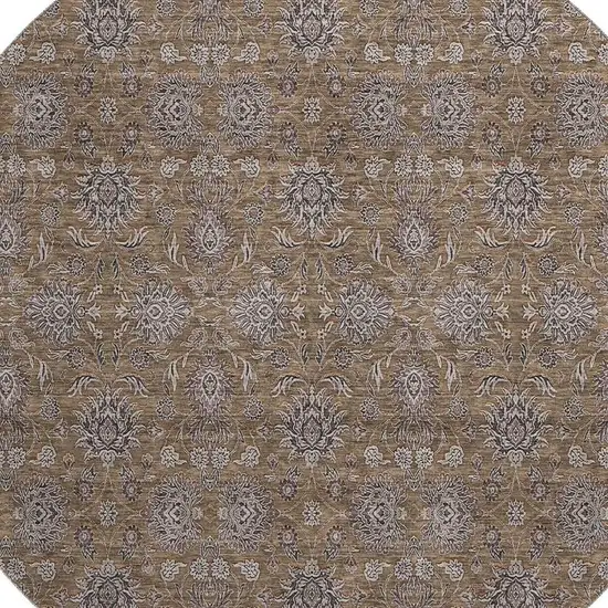 8' Chocolate Gray And Charcoal Floral Washable Round Rug With UV Protection Photo 4