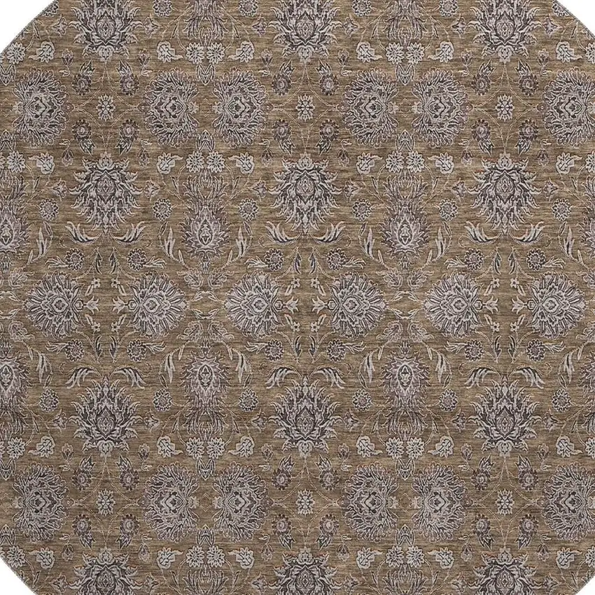 8' Chocolate Gray And Charcoal Floral Washable Round Rug With UV Protection Photo 4