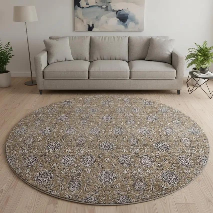 8' Chocolate Gray And Charcoal Floral Washable Round Rug With UV Protection Photo 2