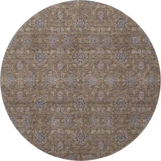 8' Chocolate Gray And Charcoal Floral Washable Round Rug With UV Protection Photo 3