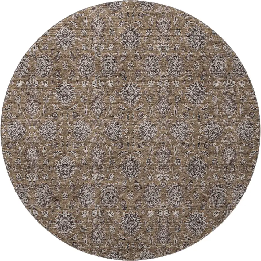 8' Chocolate Gray And Charcoal Floral Washable Round Rug With UV Protection Photo 3