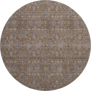 Photo of 8' Chocolate Gray And Charcoal Floral Washable Round Rug With UV Protection