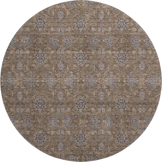 8' Chocolate Gray And Charcoal Floral Washable Round Rug With UV Protection Photo 1