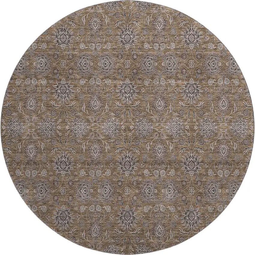 8' Chocolate Gray And Charcoal Floral Washable Round Rug With UV Protection Photo 1