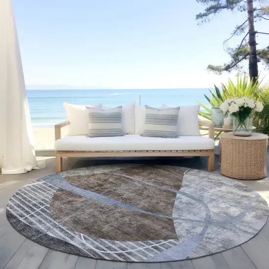 8' Chocolate Gray And Charcoal Round Abstract Washable Indoor Outdoor Area Rug Photo 7