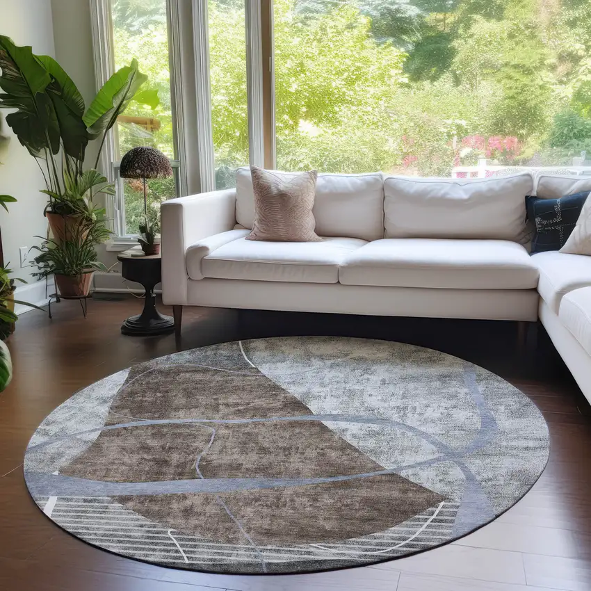 8' Chocolate Gray And Charcoal Round Abstract Washable Indoor Outdoor Area Rug Photo 8