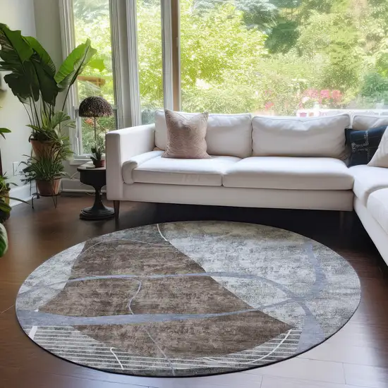8' Chocolate Gray And Charcoal Round Abstract Washable Indoor Outdoor Area Rug Photo 8