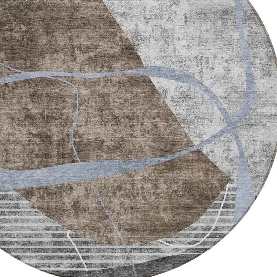 8' Chocolate Gray And Charcoal Round Abstract Washable Indoor Outdoor Area Rug Photo 5