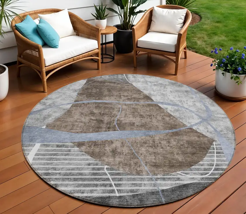 8' Chocolate Gray And Charcoal Round Abstract Washable Indoor Outdoor Area Rug Photo 1
