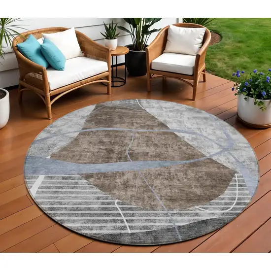 8' Chocolate Gray And Charcoal Round Abstract Washable Indoor Outdoor Area Rug Photo 1