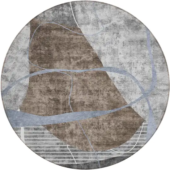 8' Chocolate Gray And Charcoal Round Abstract Washable Indoor Outdoor Area Rug Photo 2