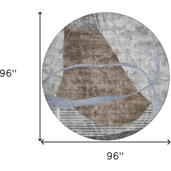 8' Chocolate Gray And Charcoal Round Abstract Washable Indoor Outdoor Area Rug Photo 3
