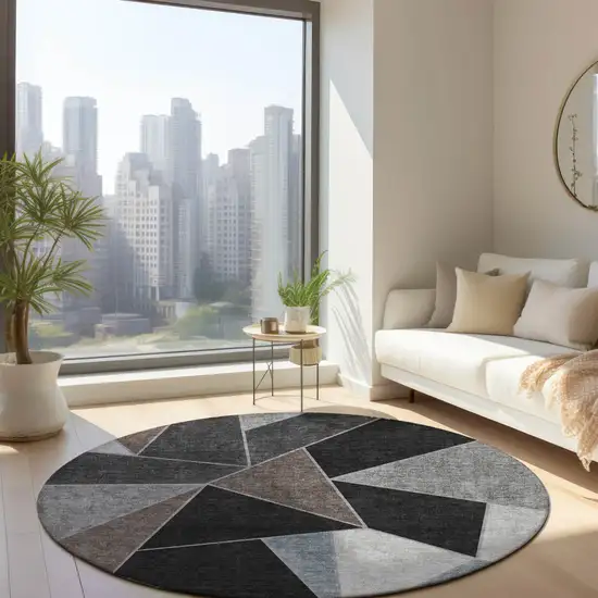 8' Chocolate Gray And Charcoal Round Geometric Washable Indoor Outdoor Area Rug Photo 8