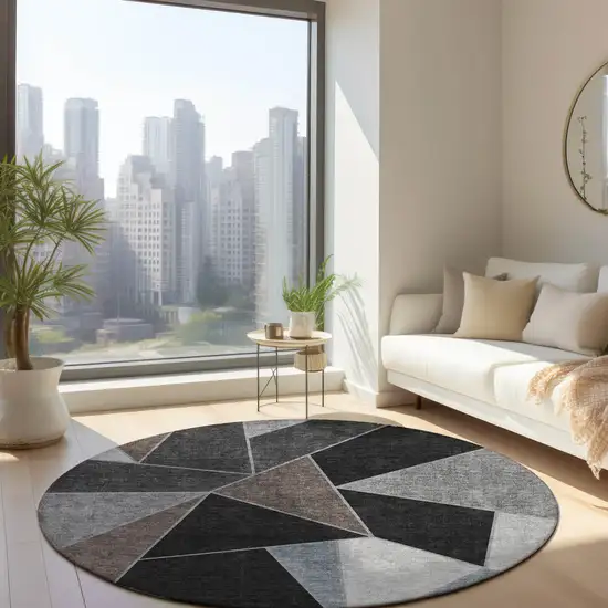 8' Chocolate Gray And Charcoal Round Geometric Washable Indoor Outdoor Area Rug Photo 8