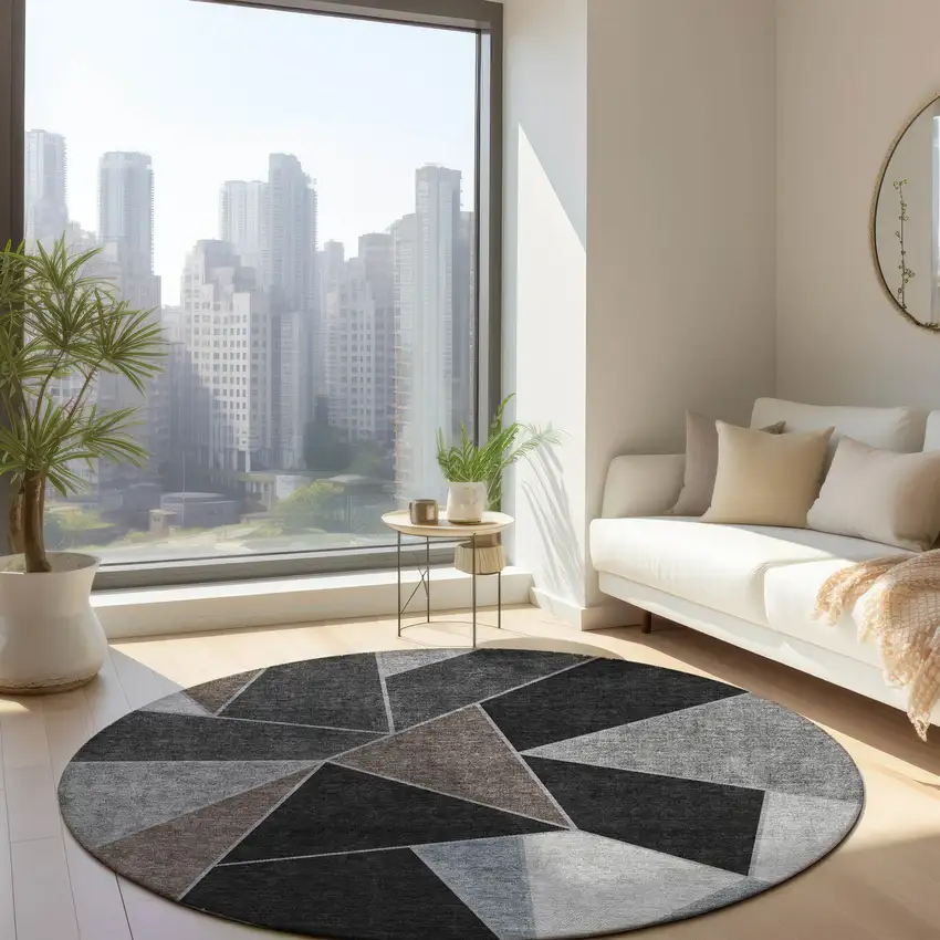 8' Chocolate Gray And Charcoal Round Geometric Washable Indoor Outdoor Area Rug Photo 8