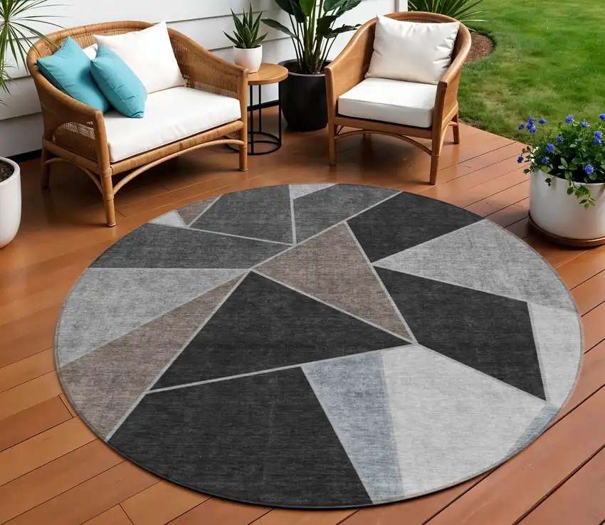 8' Chocolate Gray And Charcoal Round Geometric Washable Indoor Outdoor Area Rug Photo 1