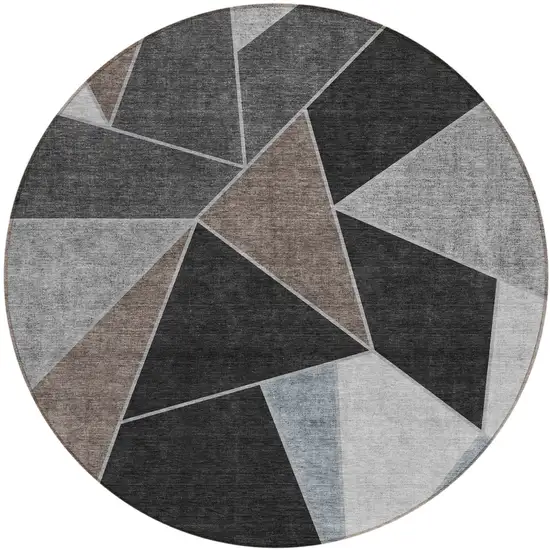8' Chocolate Gray And Charcoal Round Geometric Washable Indoor Outdoor Area Rug Photo 1