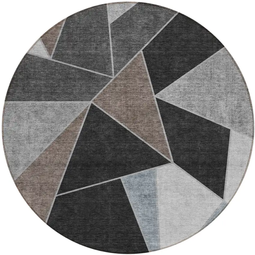 8' Chocolate Gray And Charcoal Round Geometric Washable Indoor Outdoor Area Rug Photo 1