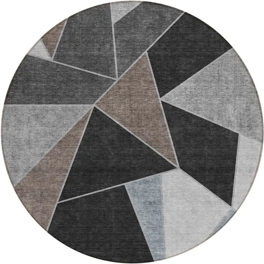 8' Chocolate Gray And Charcoal Round Geometric Washable Indoor Outdoor Area Rug Photo 1