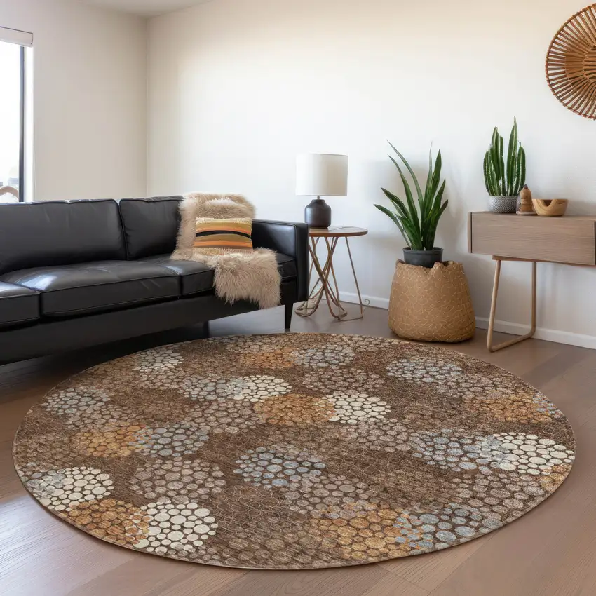 8' Chocolate Gray And Copper Polka Dot Washable Round Rug With UV Protection Photo 5