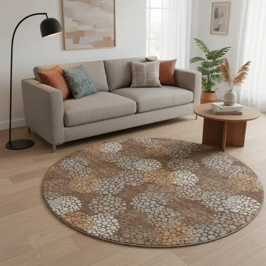 8' Chocolate Gray And Copper Polka Dot Washable Round Rug With UV Protection Photo 2