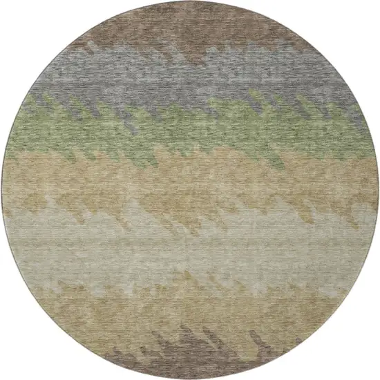 8' Chocolate Gray And Green Striped Washable Round Rug With UV Protection Photo 4