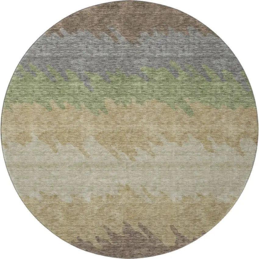 8' Chocolate Gray And Green Striped Washable Round Rug With UV Protection Photo 4