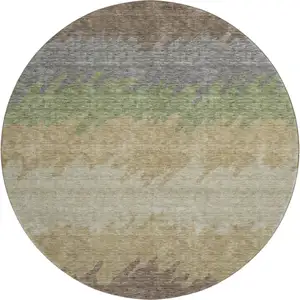 Photo of 8' Chocolate Gray And Green Striped Washable Round Rug With UV Protection