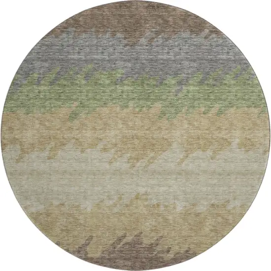 8' Chocolate Gray And Green Striped Washable Round Rug With UV Protection Photo 1