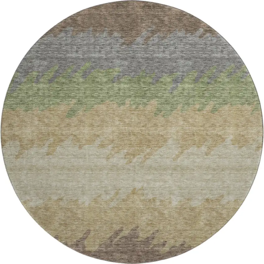 8' Chocolate Gray And Green Striped Washable Round Rug With UV Protection Photo 1