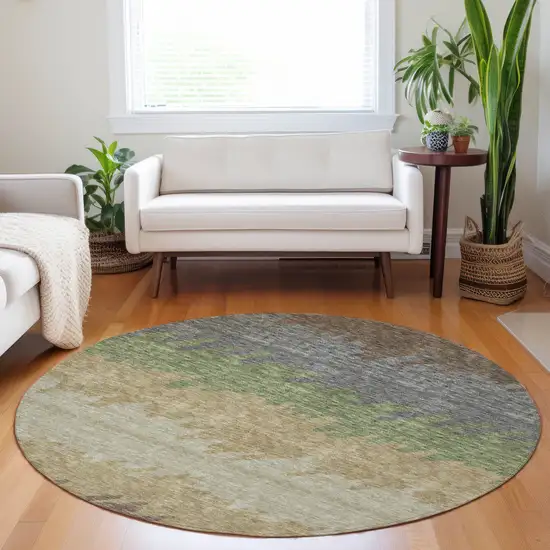 8' Chocolate Gray And Green Striped Washable Round Rug With UV Protection Photo 5