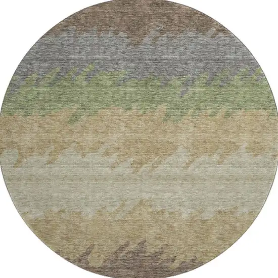 8' Chocolate Gray And Green Striped Washable Round Rug With UV Protection Photo 3