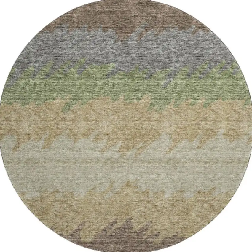 8' Chocolate Gray And Green Striped Washable Round Rug With UV Protection Photo 3