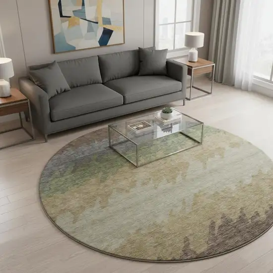 8' Chocolate Gray And Green Striped Washable Round Rug With UV Protection Photo 2