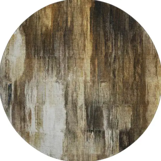 8' Chocolate Gray And Ivory Abstract Washable Round Rug With UV Protection Photo 4