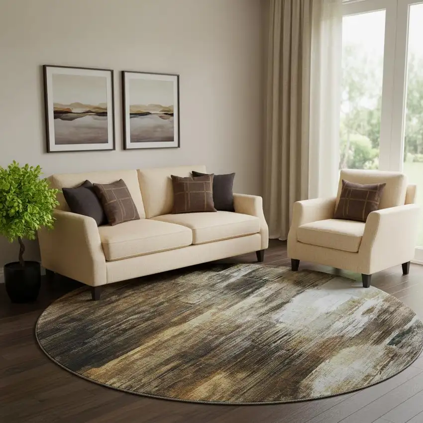 8' Chocolate Gray And Ivory Abstract Washable Round Rug With UV Protection Photo 1