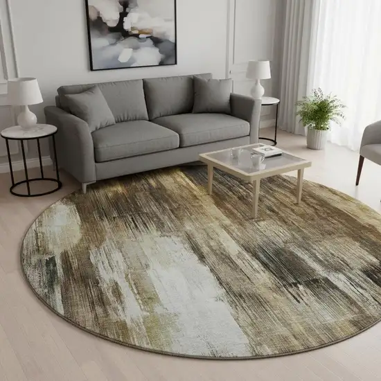 8' Chocolate Gray And Ivory Abstract Washable Round Rug With UV Protection Photo 2