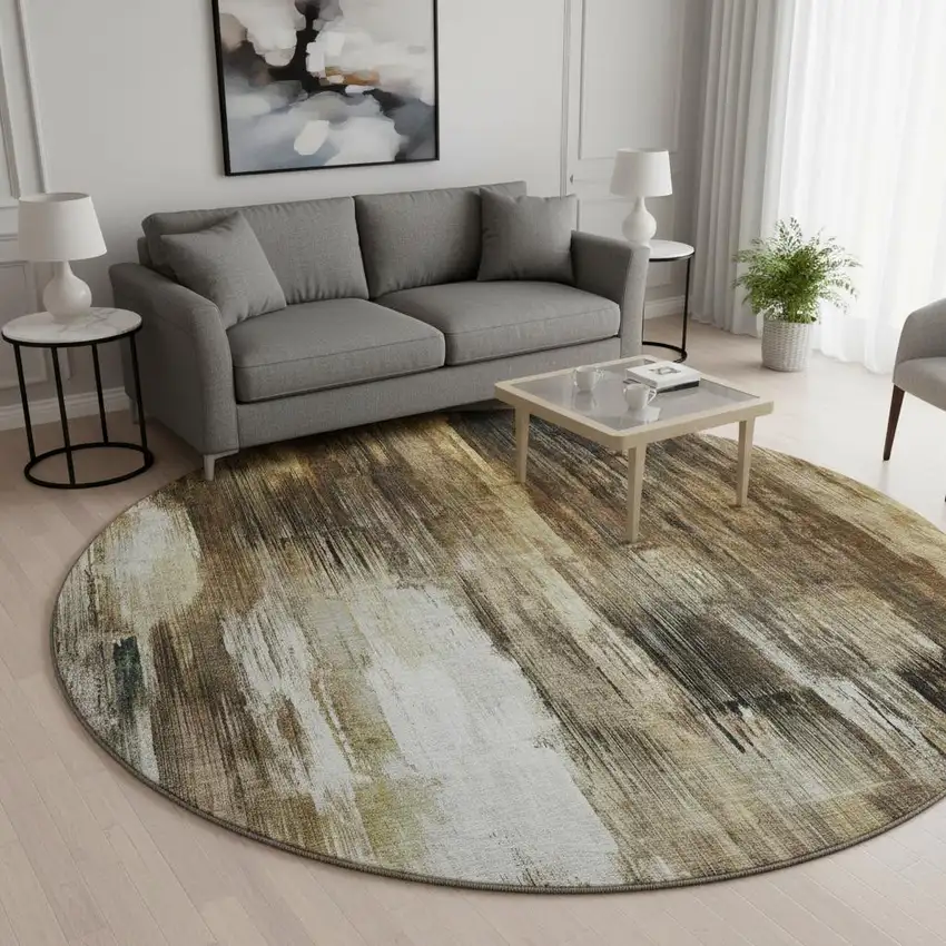 8' Chocolate Gray And Ivory Abstract Washable Round Rug With UV Protection Photo 2