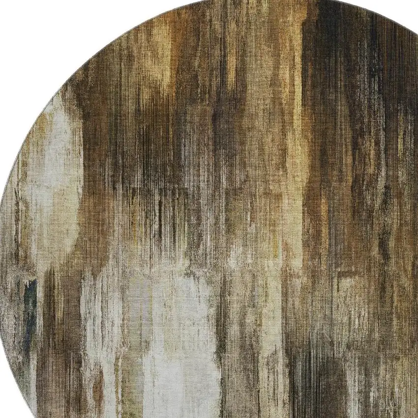 8' Chocolate Gray And Ivory Abstract Washable Round Rug With UV Protection Photo 3