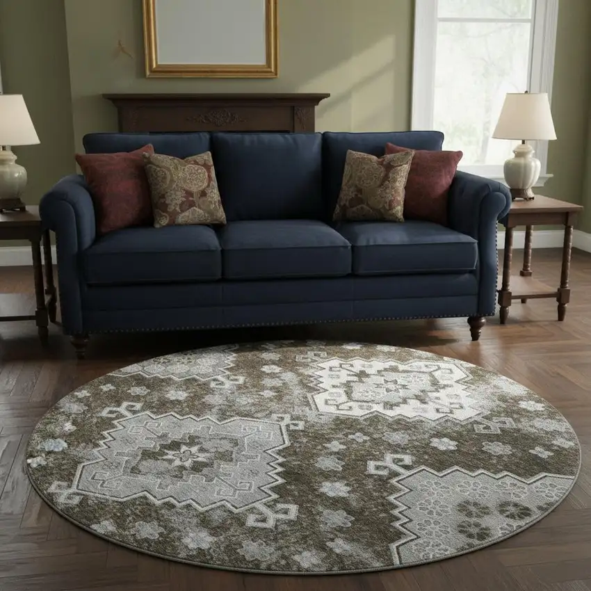 8' Chocolate Gray And Ivory Medallion Washable Round Rug With UV Protection Photo 2