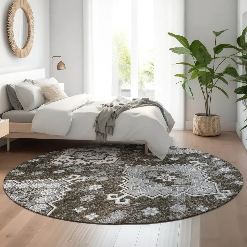 8' Chocolate Gray And Ivory Medallion Washable Round Rug With UV Protection Photo 4