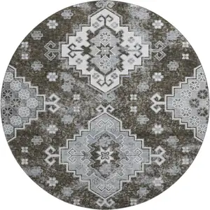 Photo of 8' Chocolate Gray And Ivory Medallion Washable Round Rug With UV Protection