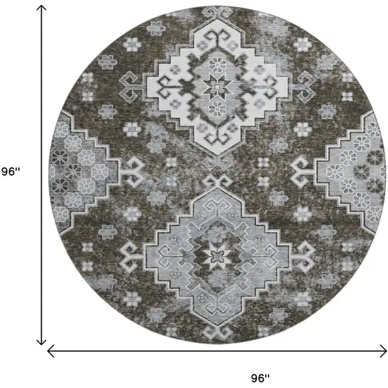 8' Chocolate Gray And Ivory Medallion Washable Round Rug With UV Protection Photo 9