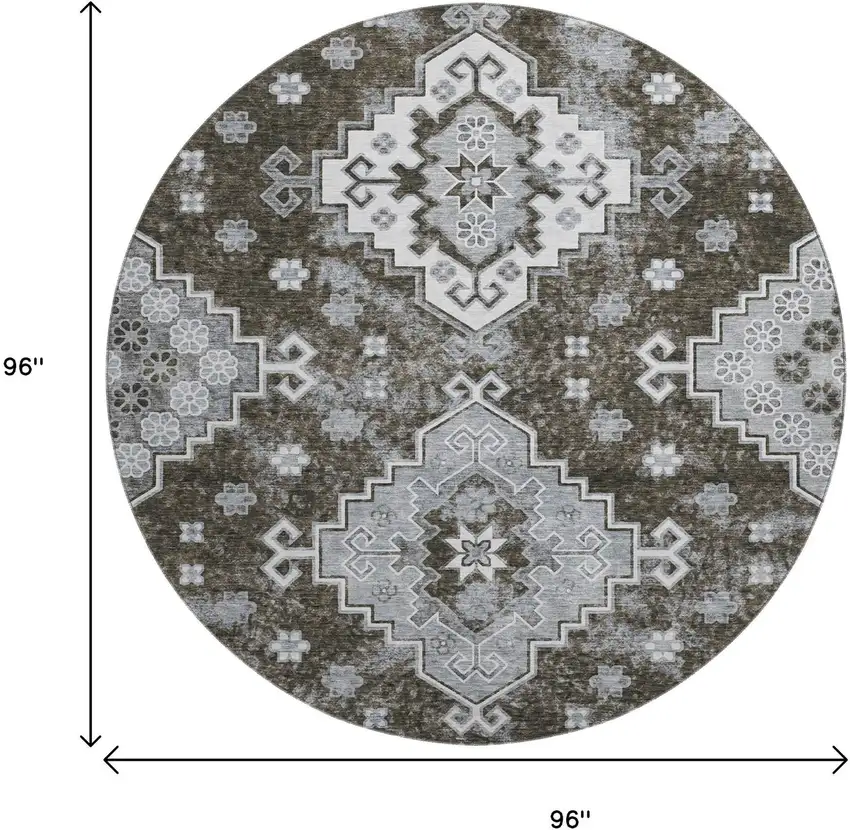8' Chocolate Gray And Ivory Medallion Washable Round Rug With UV Protection Photo 9