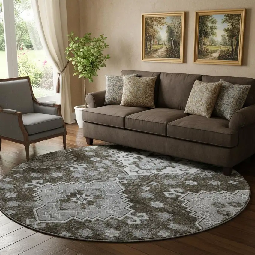 8' Chocolate Gray And Ivory Medallion Washable Round Rug With UV Protection Photo 1